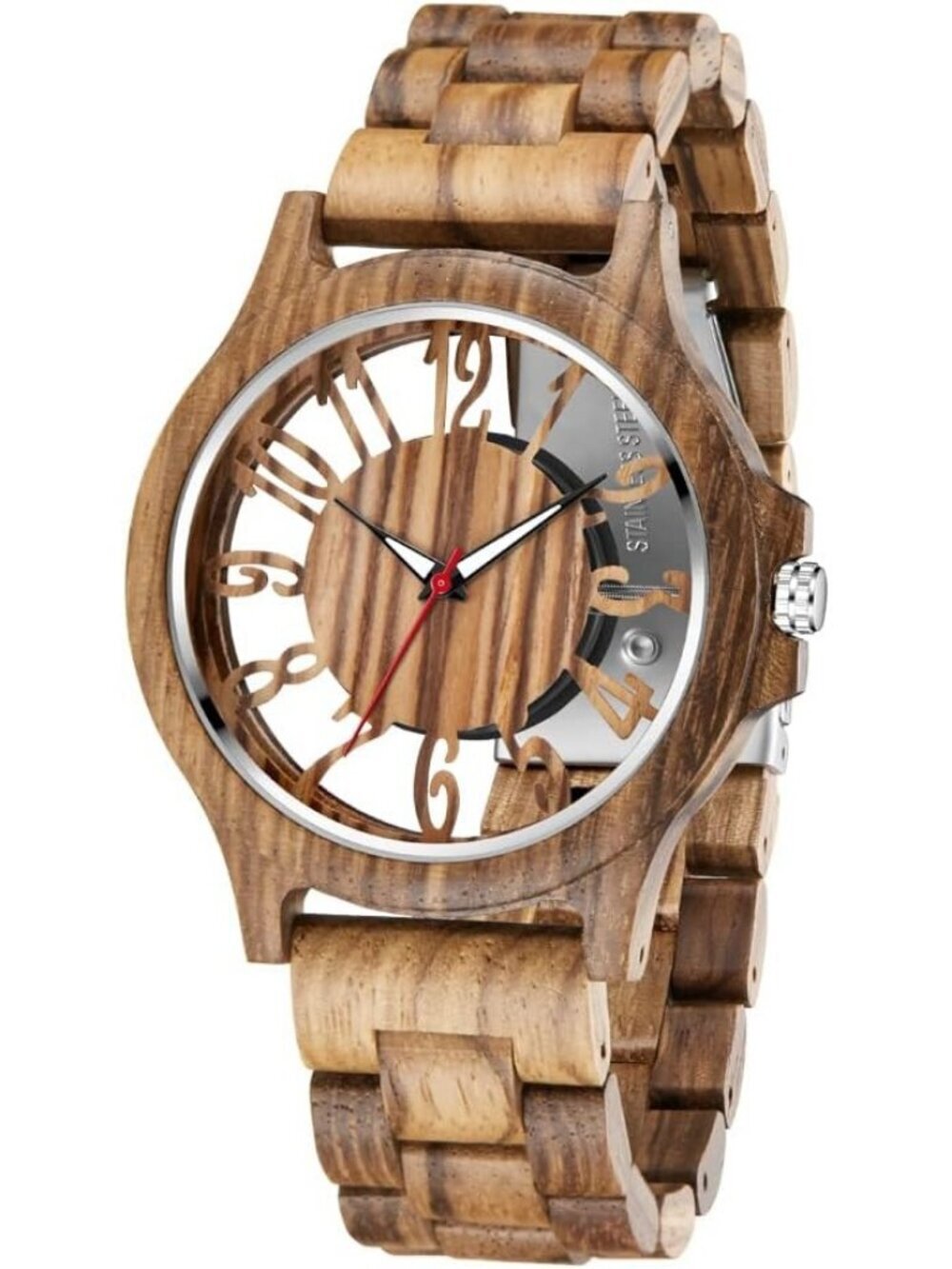 Men's All Brown Quartz Ebony Zebra Fold over Clasp Wood Strap Round Wooden Watch